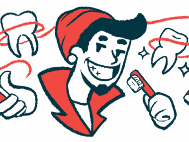 A person holding a toothbrush grins amid images of teeth and dental floss.