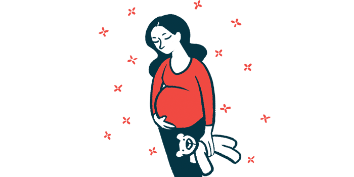 A pregnant woman stands holding a stuffed toy and cradling her belly.