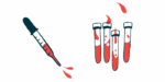 A dropper hovers alongside four vials filled with liquids.