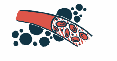 Blood cells are shown flowing through a blood vessel in this illustration.