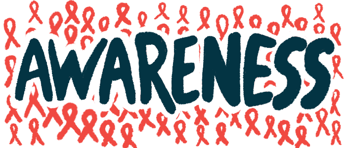 Red ribbons surround the word 
