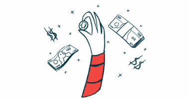 A hand is seen holding up a coin, surrounded by dollar signs and packets of bills.