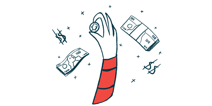 A hand is seen holding up a coin, surrounded by dollar signs and packets of bills.