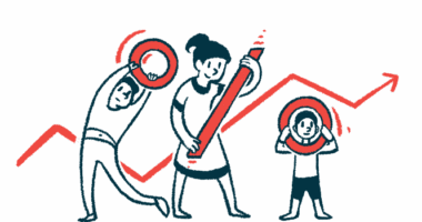 Three people stand in front of a line graph representing risk, with each holding one component of a percentage sign.