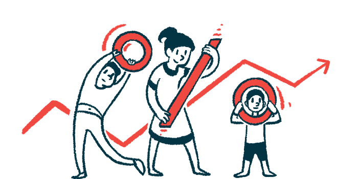 Three people stand in front of a line graph representing risk, with each holding one component of a percentage sign.