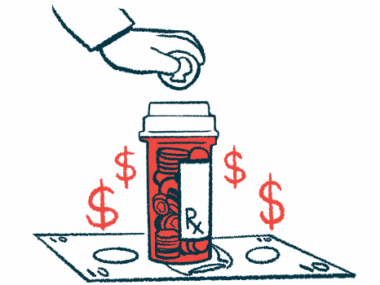 A hand drops a coin into a pill bottle sitting atop a bank note and flanked by dollar signs.