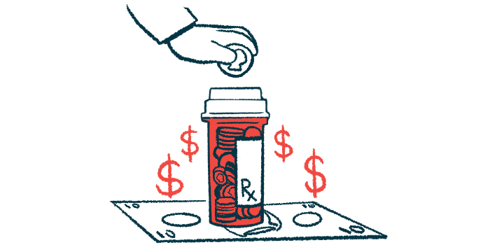 A hand drops a coin into a pill bottle sitting atop a bank note and flanked by dollar signs.