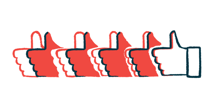 Multiple hands in a row are seen giving the thumbs-up sign.