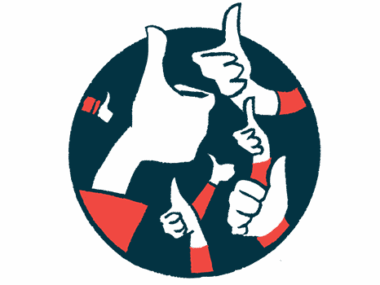 Several hands give the thumbs-up sign from within a black circle..