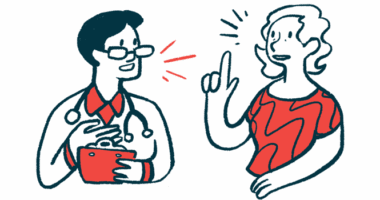 A woman points her finger as she speaks to a physician.