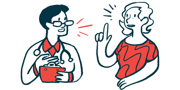 A woman points her finger as she speaks to a physician.