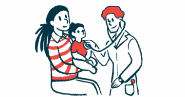 A woman in a striped shirt sits while holding a baby up to a doctor, who is listening to the child's heart with a stethoscope.