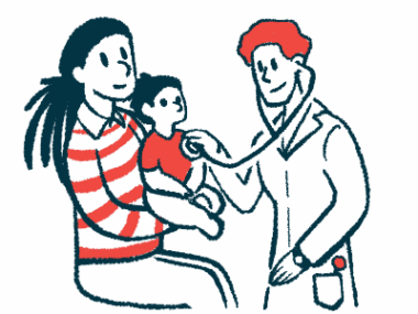 A woman in a striped shirt sits while holding a baby up to a doctor, who is listening to the child's heart with a stethoscope.