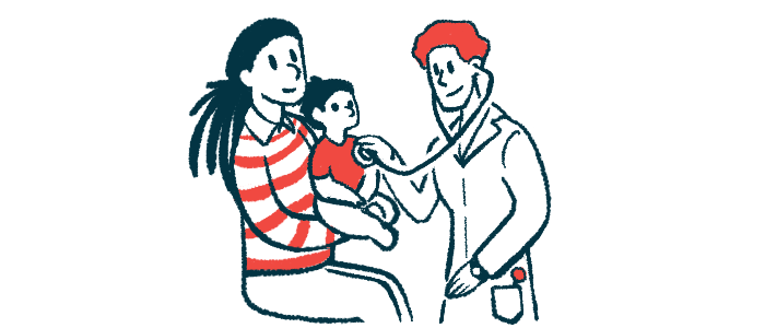 A woman in a striped shirt sits while holding a baby up to a doctor, who is listening to the child's heart with a stethoscope.