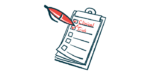 An oversized red pen ticks boxes marked 