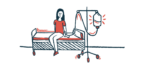A woman is receiving an intravenous infusion while sitting on a bed.