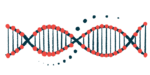 A close-up view of a DNA strand highlights its double-helix structure.