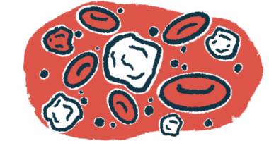 White blood cells are seen among red blood cells in this close-up illustration.