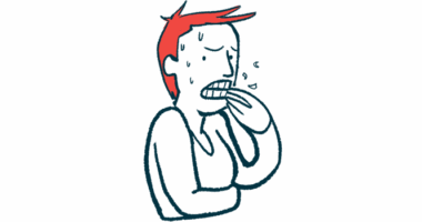 A person with anxiety is seen sweating and biting fingernails.