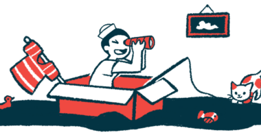 A child wearing a sailor's hat and using a T-shirt as a sail uses binoculars while sitting in a boat made from a cardboard box.