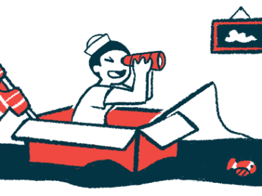 A child wearing a sailor's hat and using a T-shirt as a sail uses binoculars while sitting in a boat made from a cardboard box.