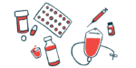This illustration shows a variety of medications, including different types of pills, a syringe, a bottle and cup filled with liquid medicine, and an IV bag.