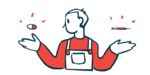 A person wearing overalls chooses between two medication types, one given as a pill, seen hovering over one hand, and one administered via injection, seen hovering over the other hand.
