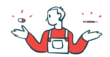 A person wearing overalls chooses between two medication types, one given as a pill, seen hovering over one hand, and one administered via injection, seen hovering over the other hand.