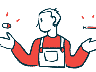 A person wearing overalls chooses between two medication types, one given as a pill, seen hovering over one hand, and one administered via injection, seen hovering over the other hand.