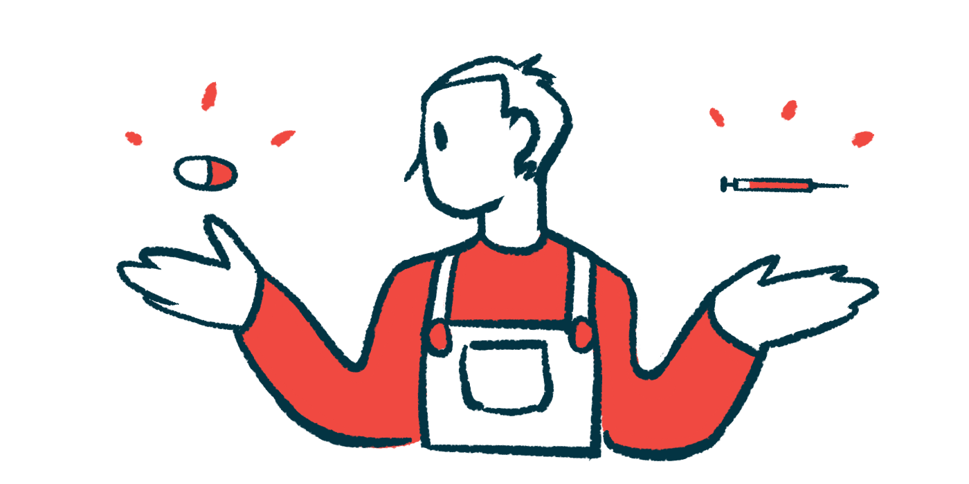 A person wearing overalls chooses between two medication types, one given as a pill, seen hovering over one hand, and one administered via injection, seen hovering over the other hand.