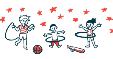 A trio of children are seen playing with toys amid a backdrop of stars, with two of the youngsters using hula hoops.