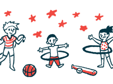 A trio of children are seen playing with toys amid a backdrop of stars, with two of the youngsters using hula hoops.