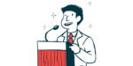 An illustration of a man speaking into a microphone while standing at a podium.