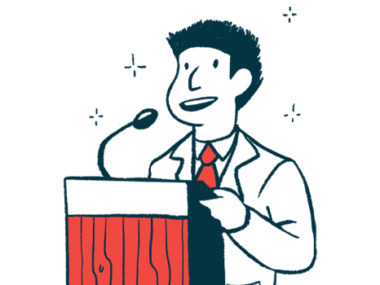 An illustration of a man speaking into a microphone while standing at a podium.
