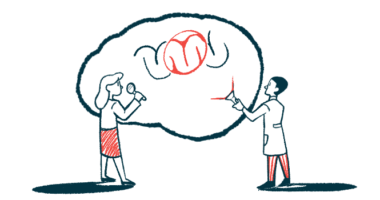 Illustration of two people discussing a brain with a highlighted blood vessel, representing a brain aneurysm.