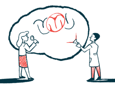 Illustration of two people discussing a brain with a highlighted blood vessel, representing a brain aneurysm.