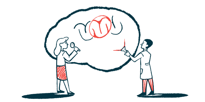 Illustration of two people discussing a brain with a highlighted blood vessel, representing a brain aneurysm.