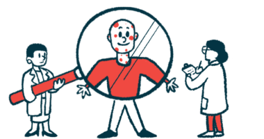 One clinician holds a giant magnifying glass in front of the head and chest of a patient while another takes notes on a clipboard.