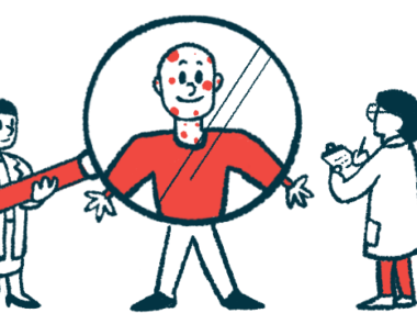 One clinician holds a giant magnifying glass in front of the head and chest of a patient while another takes notes on a clipboard.