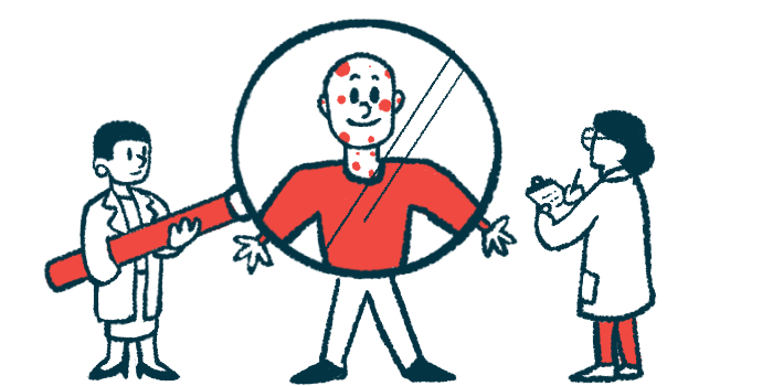 One clinician holds a giant magnifying glass in front of the head and chest of a patient while another takes notes on a clipboard.