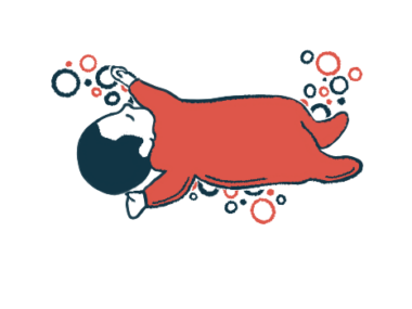 An illustration of an infant boy in red pajamas laying on his back.