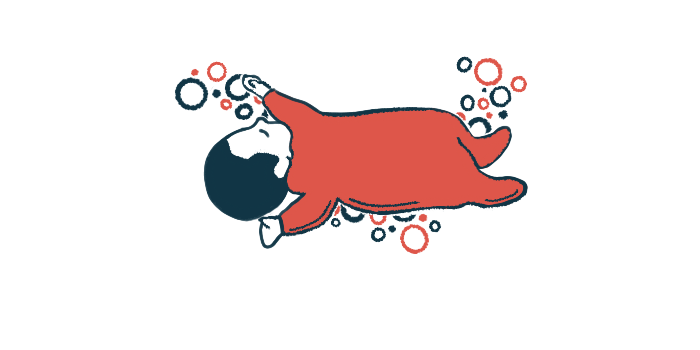 An illustration of an infant boy in red pajamas laying on his back.