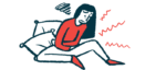 An illustration of a woman sitting and holding her stomach in obvious discomfort.