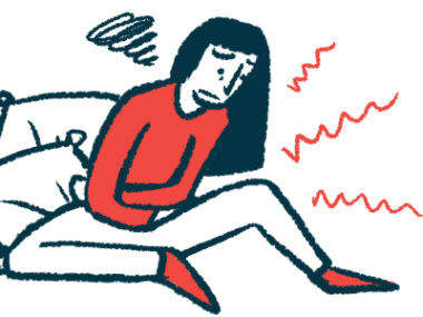 An illustration of a woman sitting and holding her stomach in obvious discomfort.