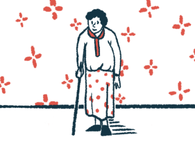 An older woman uses a cane as she walks.