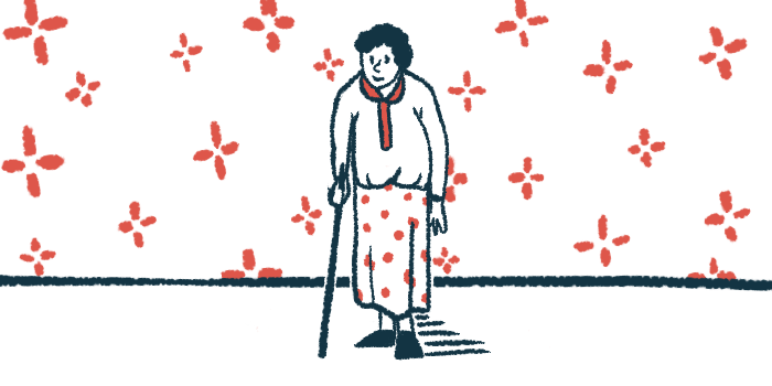 An older woman uses a cane as she walks.