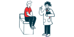 A doctor speaks to a patient seated on an examination table.