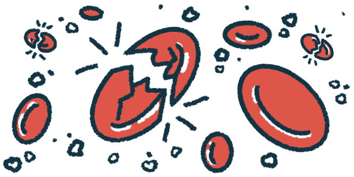 Illustration of red blood cells, including one that is broken.