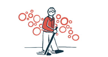 An older man walks using a cane, with red-rimmed bubbles in the background.
