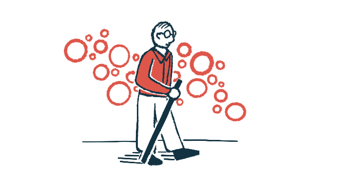 An older man walks using a cane, with red-rimmed bubbles in the background.